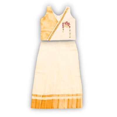 Skirt & Top Set for Girls: Traditional Onam Attire From NutsClothing | Embroidery - Kasavu | For Ages 6 Months to 7 Years