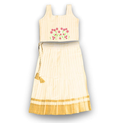 Skirt & Top Set for Girls: Traditional Onam Attire From NutsClothing | Pink Embroidery | Orange Embroidery | For Ages 6 Months to 7 Years