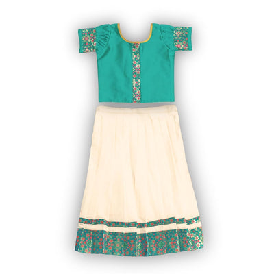 Skirt & Top Set for Girls: Traditional Onam Attire From NutsClothing | Peacock Green | Gold | Red | For Ages 6 Months to 7 Years