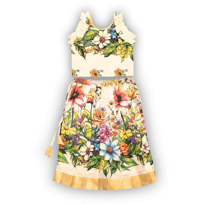 Skirt & Top Set for Girls: Traditional Onam Printed Attire From NutsClothing | Green | Red | For Ages 6 Months to 7 Years