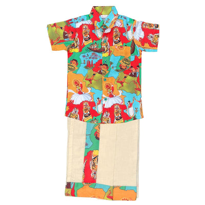 Nuts Clothing Colorful Kerala Cultural Print Kids Shirt and Mundu Set – Traditional Ethnic Wear for Boys – Soft Cotton (6 months to 7 years)