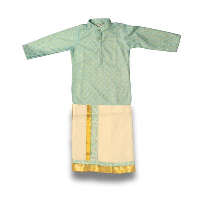 Nuts Clothing Boys Golden Kurta and Cream Mundu Set | Traditional Kerala Outfit for Kids | Ages 6 Months to 7 Years | Onam