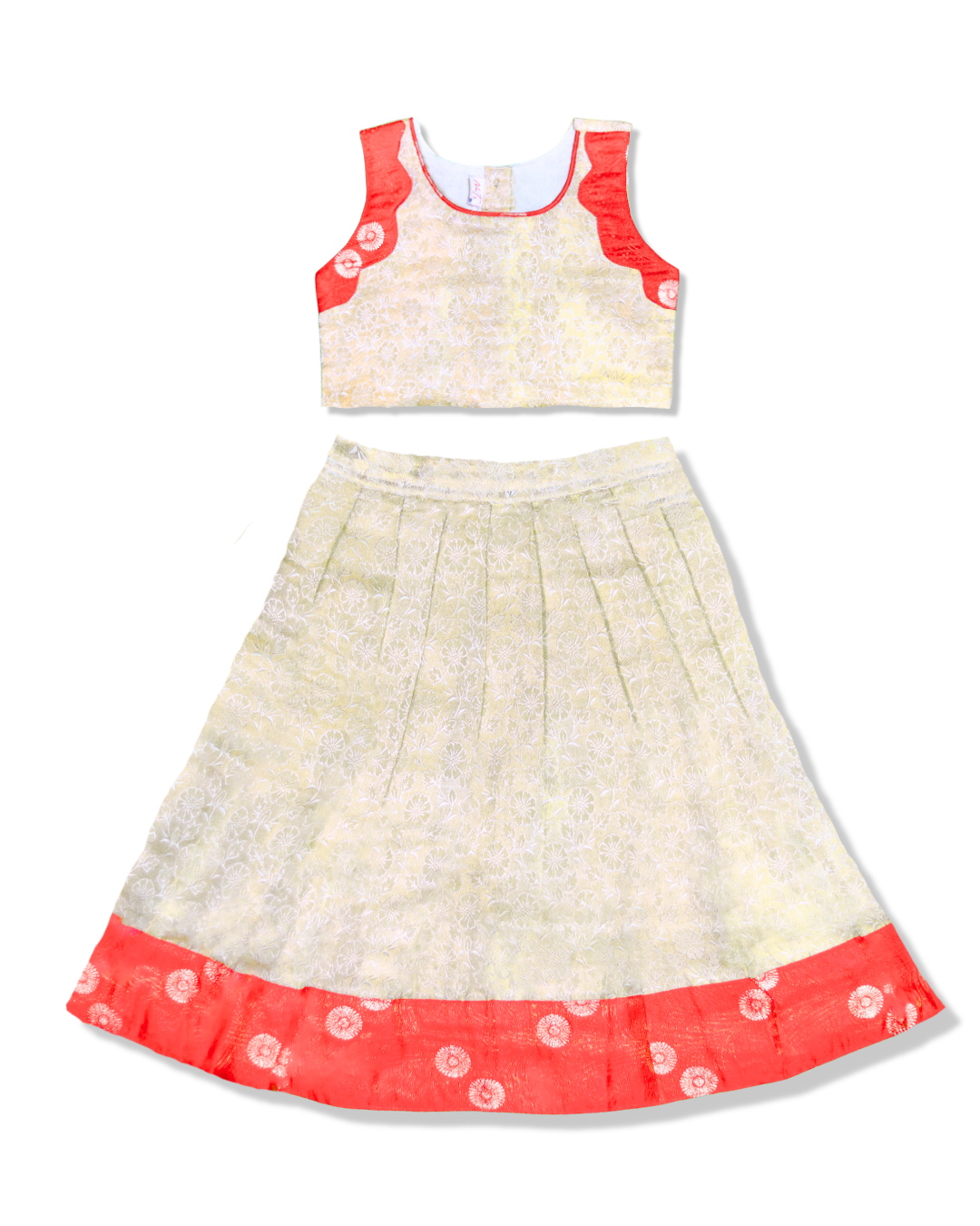 Cream Brocade Coral Trim Skirt Set