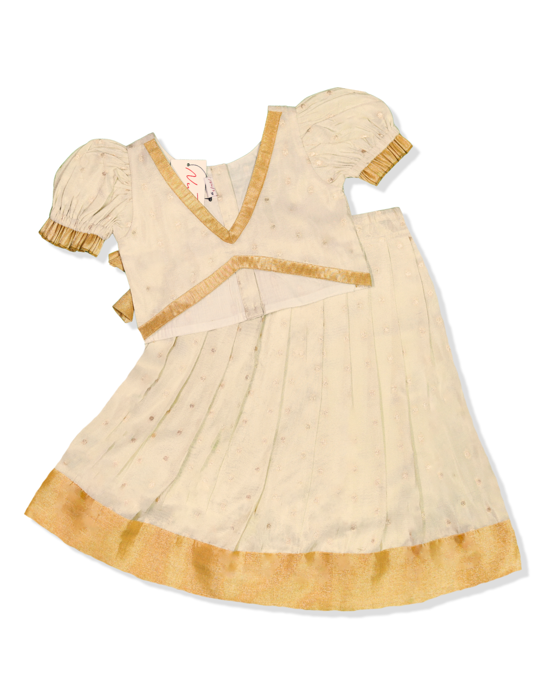 Cream Gold V-Trim Puff Sleeve Skirt Set
