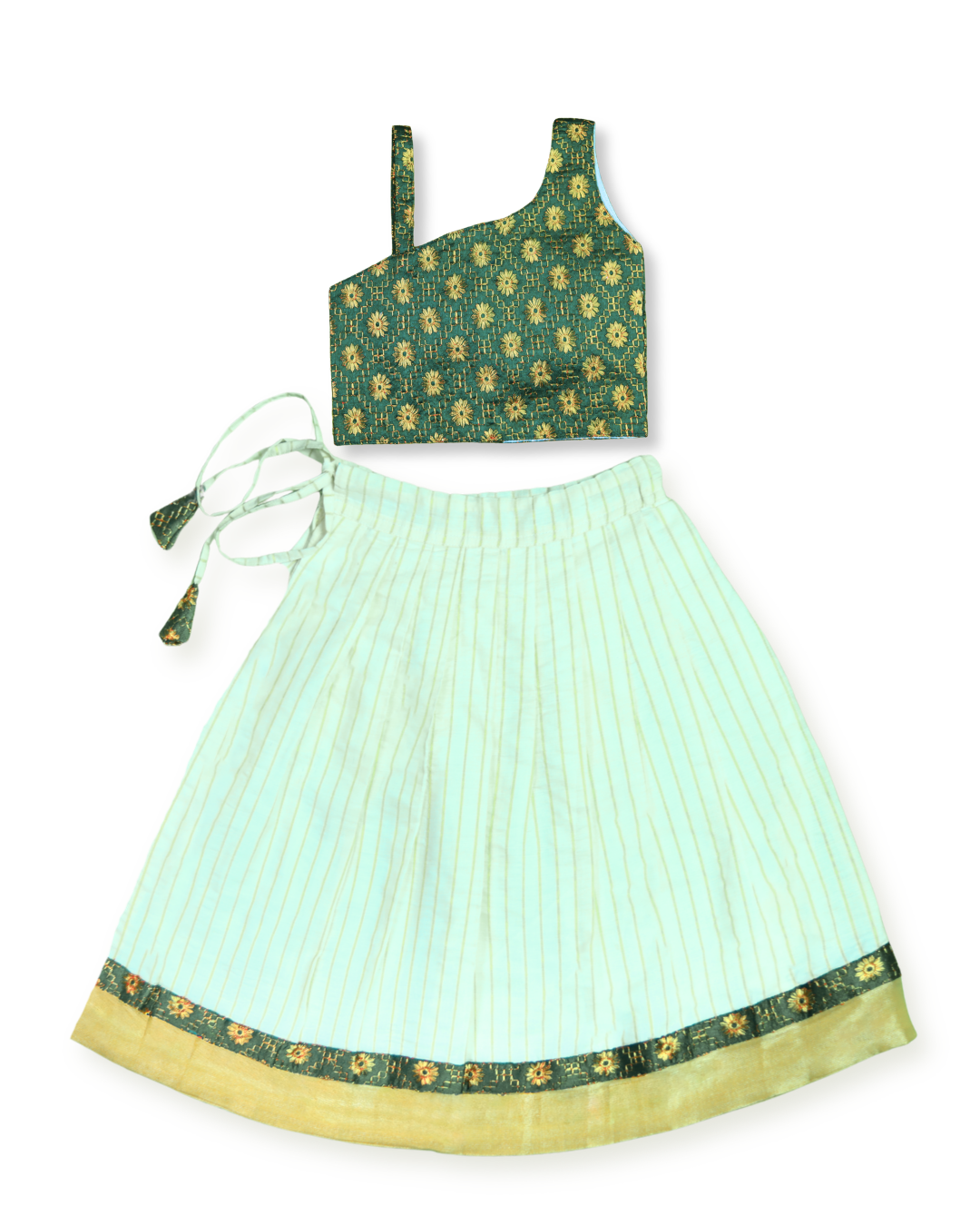 Green Gold Embroidered One-Shoulder Set
