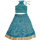 Teal Halter Neck Dotted Skirt Set